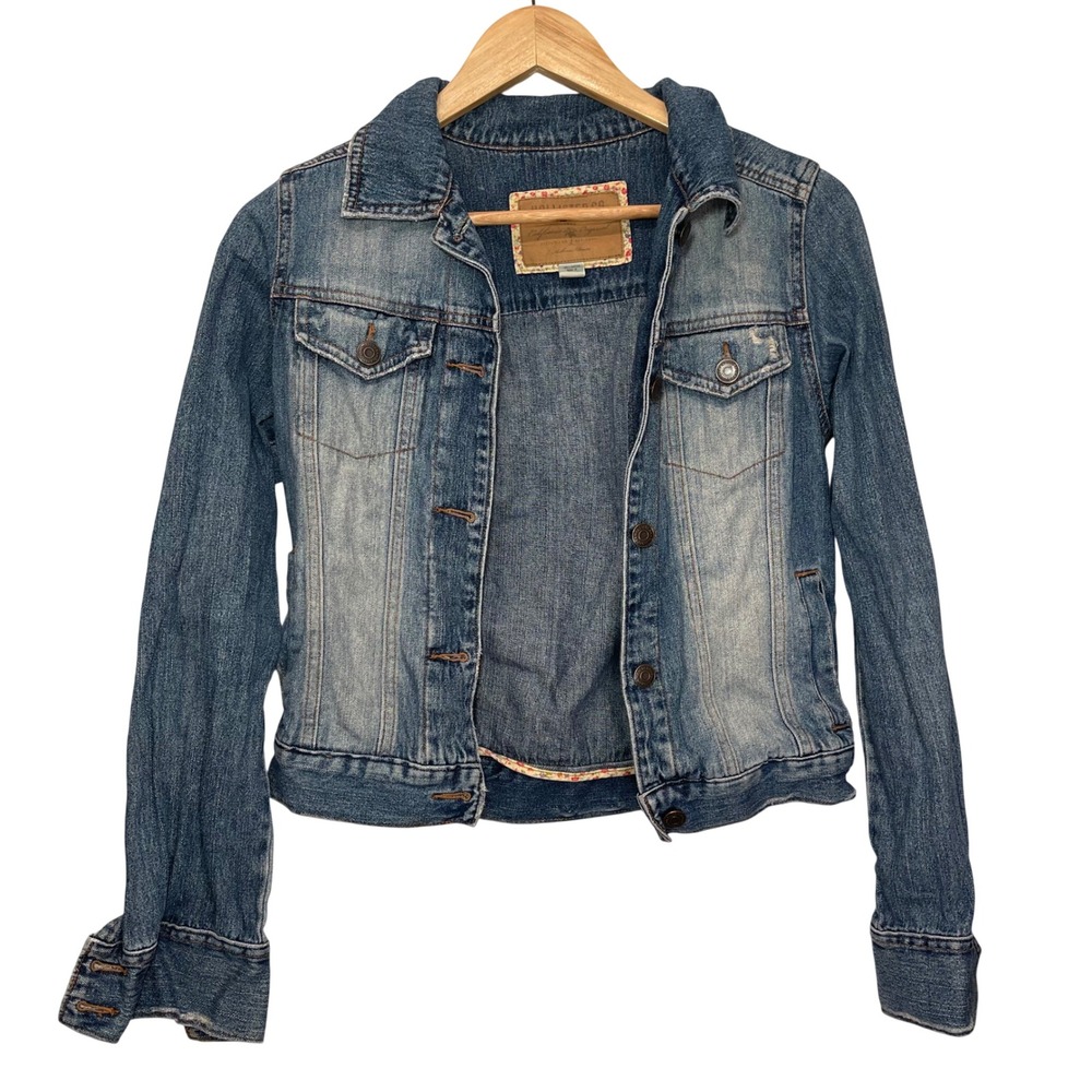 Hollister Co California Denim Jacket Blue Jean Distressed Button Front Small Y2K